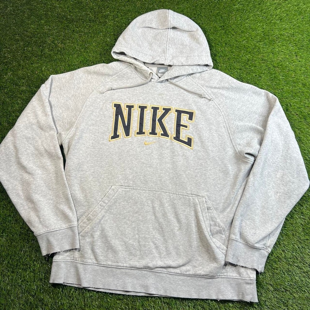 Nike Gray Varsity Arch Logo Hoodie Spellout Fleece Mens Large L Y2K Distressed